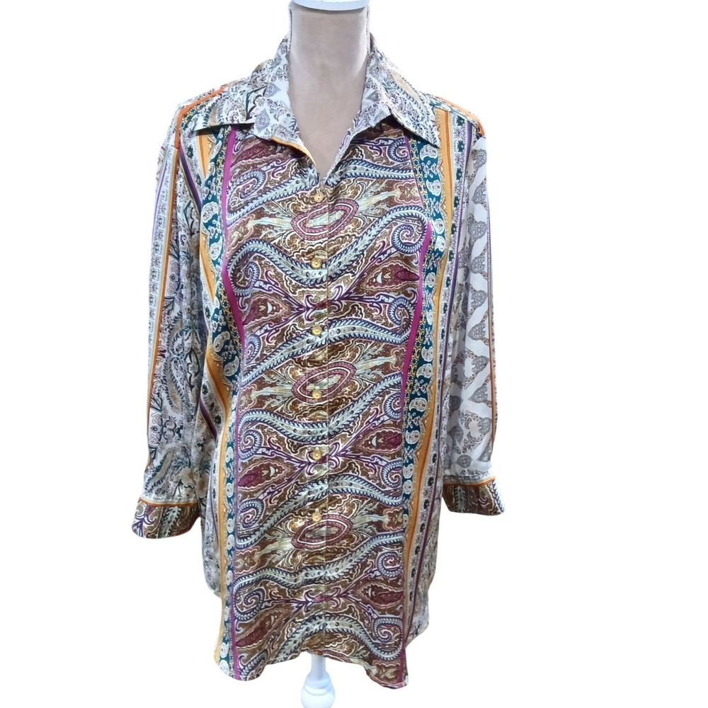 Vipavadee Satin Multi Color Paisley Mixed Print Button Down Tunic Top